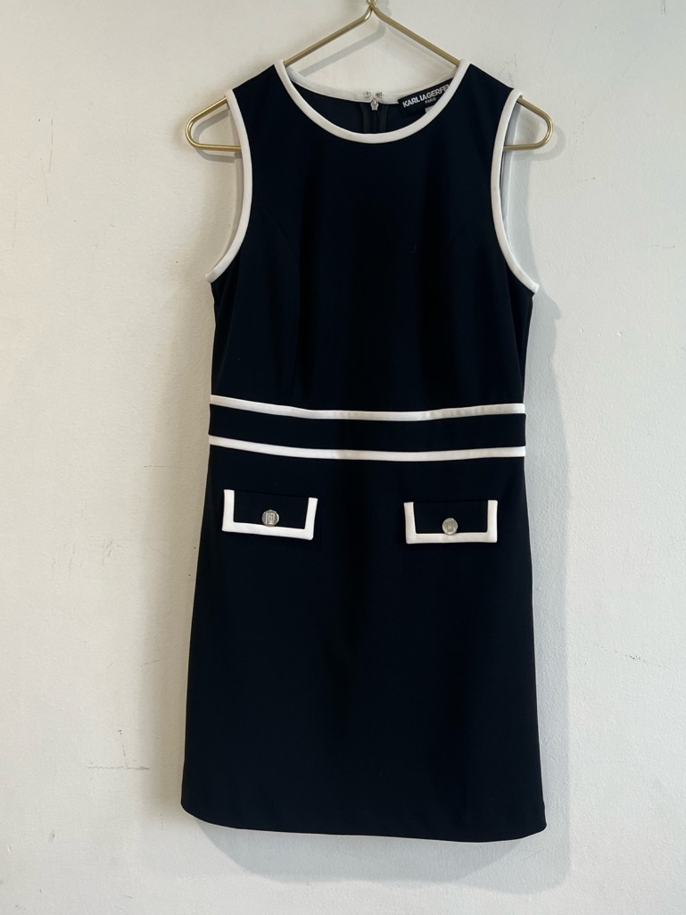 Karl Lagerfeld A-line short dress with white trim and mock pockets 10